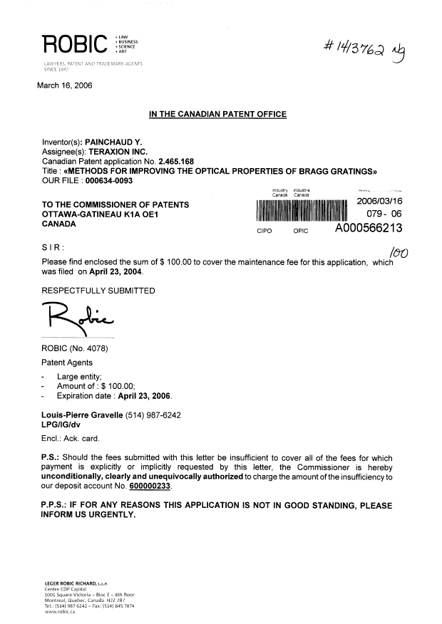 Document de brevet canadien 2465168. Taxes 20060316. Image 1 de 1