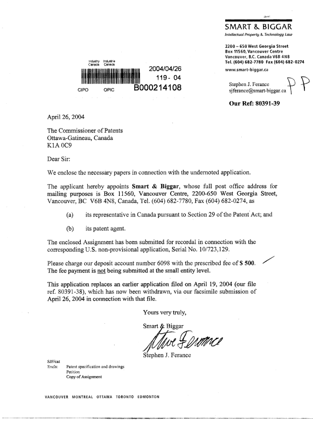 Document de brevet canadien 2465180. Cession 20040426. Image 1 de 5