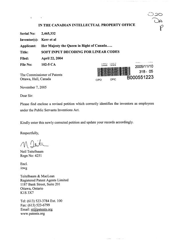 Canadian Patent Document 2465332. Correspondence 20051110. Image 1 of 3