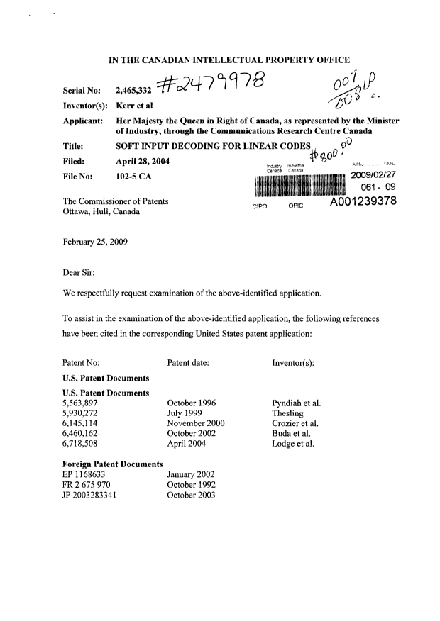 Canadian Patent Document 2465332. Prosecution-Amendment 20090227. Image 1 of 3
