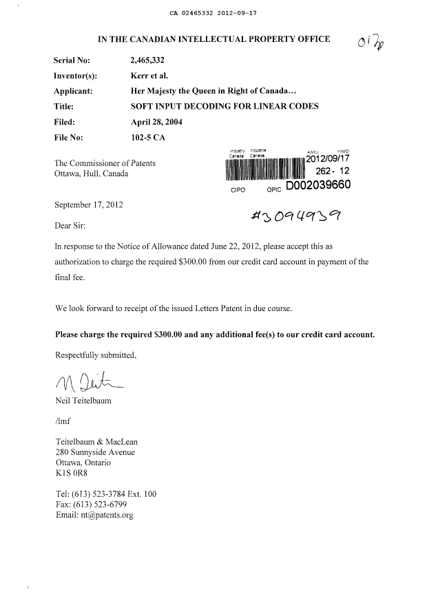 Canadian Patent Document 2465332. Correspondence 20120917. Image 1 of 2