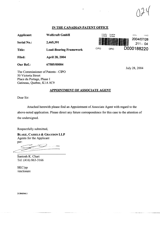Canadian Patent Document 2465391. Correspondence 20040728. Image 1 of 2