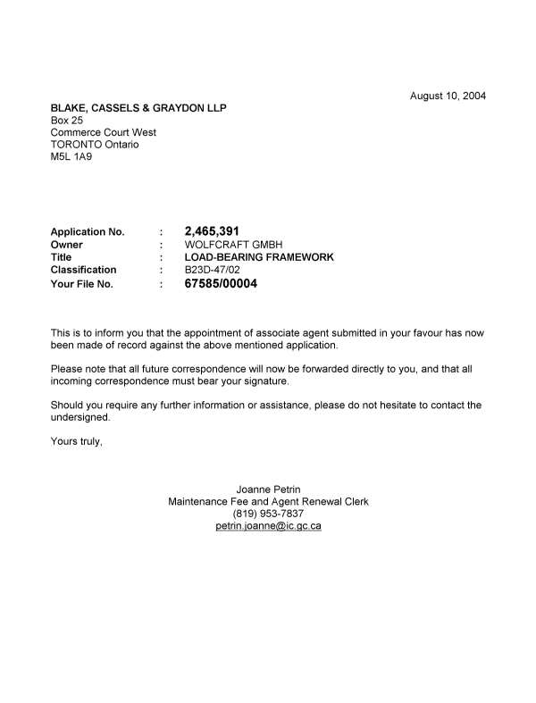 Canadian Patent Document 2465391. Correspondence 20040810. Image 1 of 1