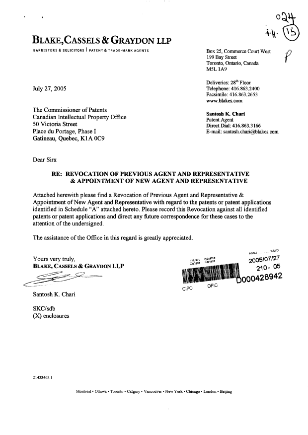 Canadian Patent Document 2465391. Correspondence 20050727. Image 1 of 3