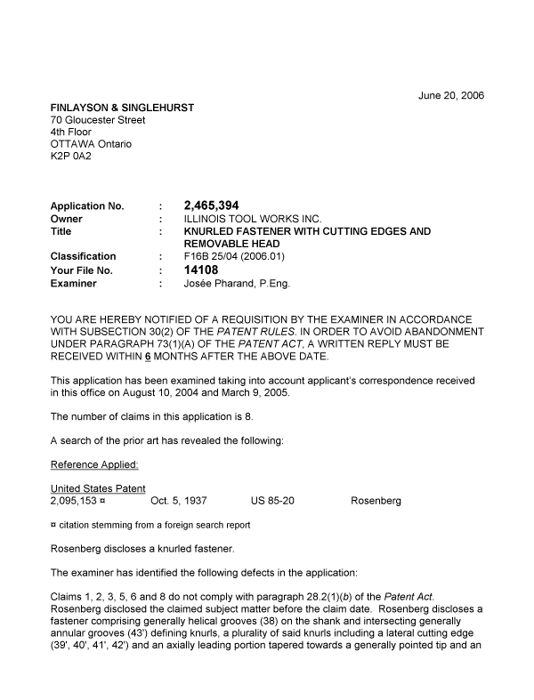 Canadian Patent Document 2465394. Prosecution-Amendment 20060620. Image 1 of 5