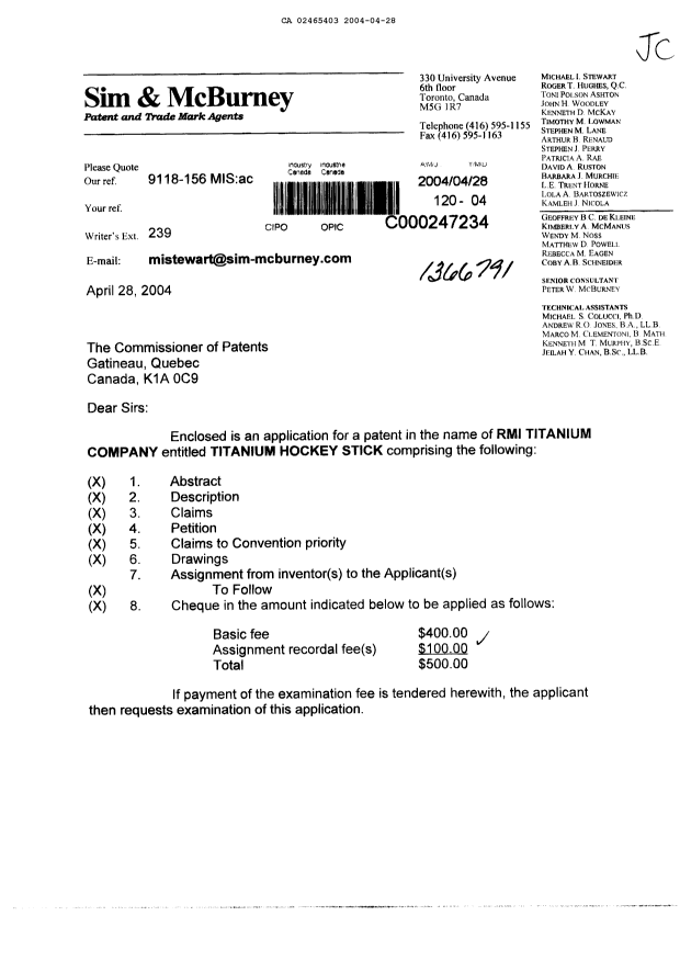 Canadian Patent Document 2465403. Assignment 20040428. Image 1 of 3