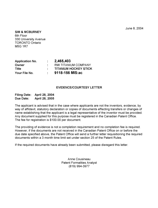 Canadian Patent Document 2465403. Correspondence 20040531. Image 1 of 1