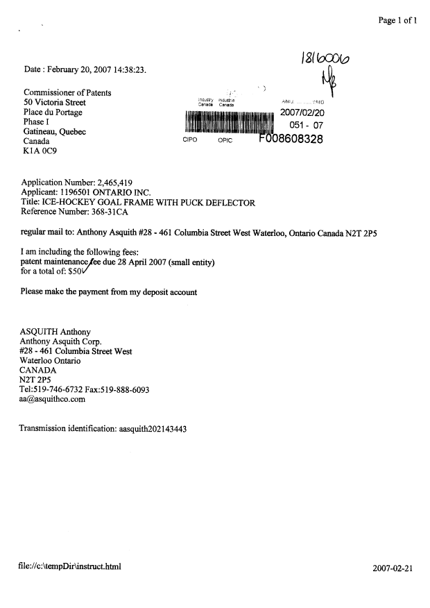 Canadian Patent Document 2465419. Fees 20070220. Image 1 of 1