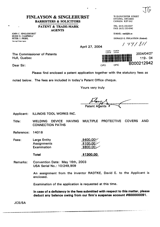 Document de brevet canadien 2465434. Cession 20040427. Image 1 de 7