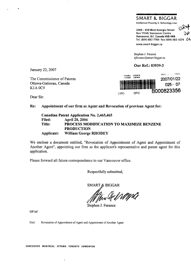 Canadian Patent Document 2465465. Correspondence 20070122. Image 1 of 2