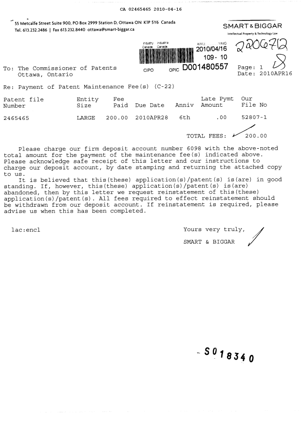 Canadian Patent Document 2465465. Fees 20100416. Image 1 of 1