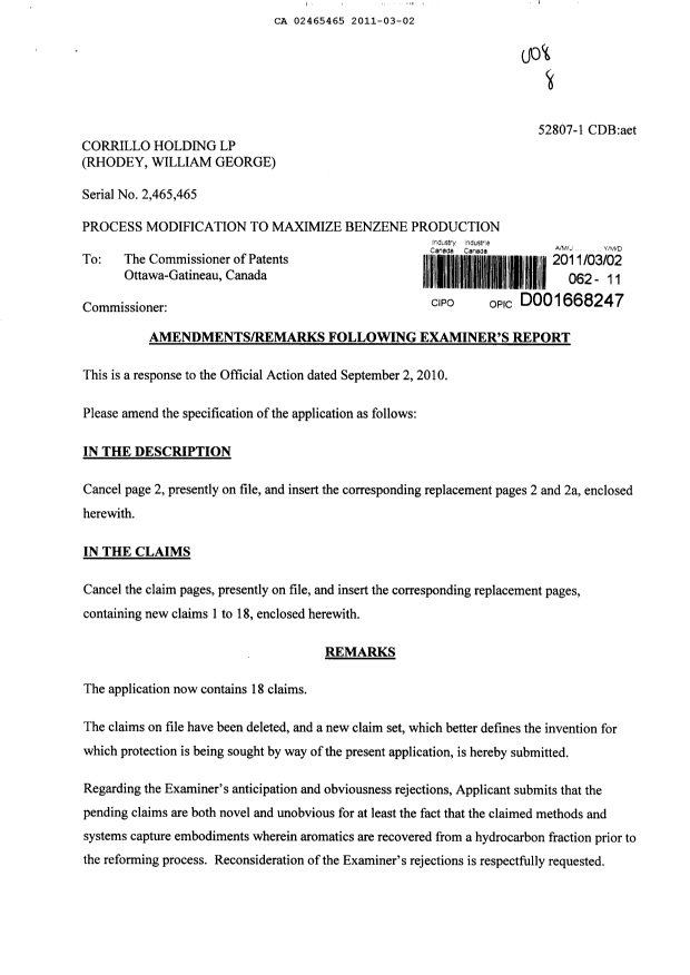 Canadian Patent Document 2465465. Prosecution-Amendment 20110302. Image 1 of 7
