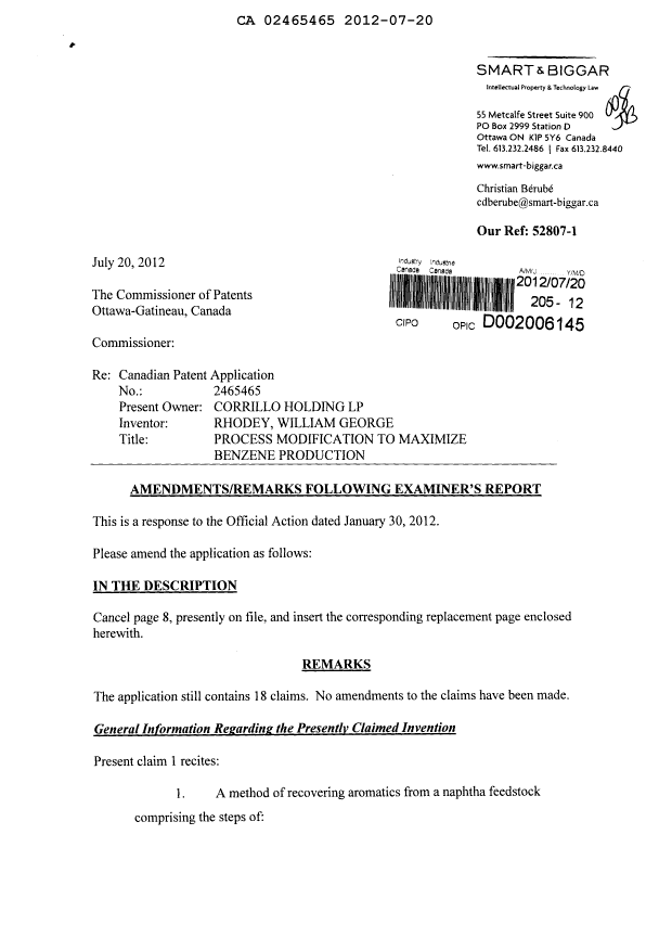 Canadian Patent Document 2465465. Prosecution-Amendment 20120720. Image 1 of 5