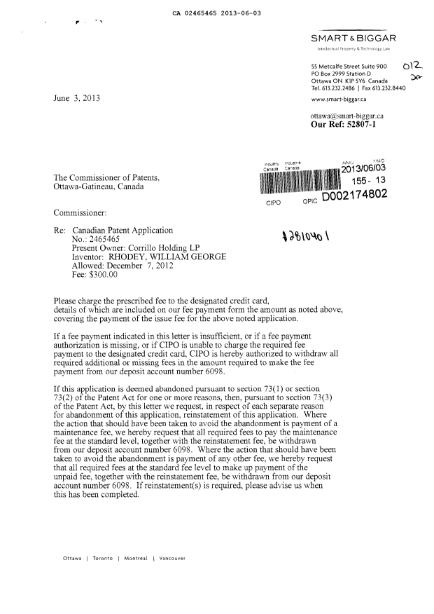 Canadian Patent Document 2465465. Correspondence 20130603. Image 1 of 2