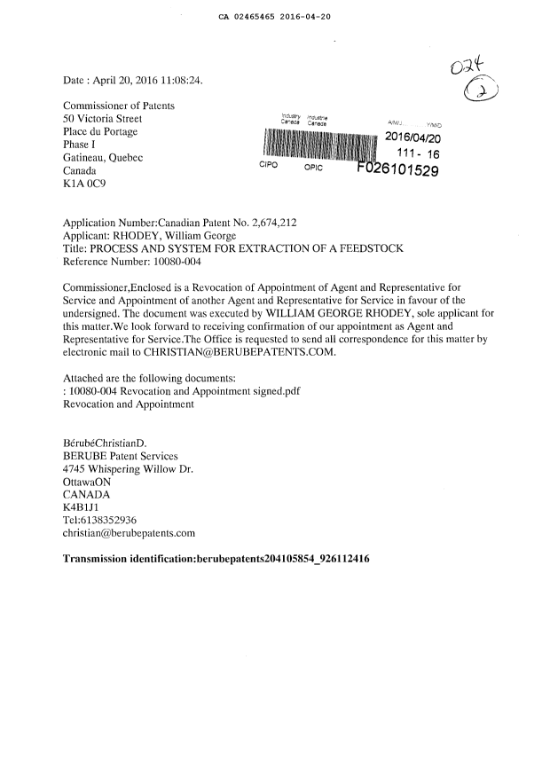 Canadian Patent Document 2465465. Correspondence 20160420. Image 1 of 2
