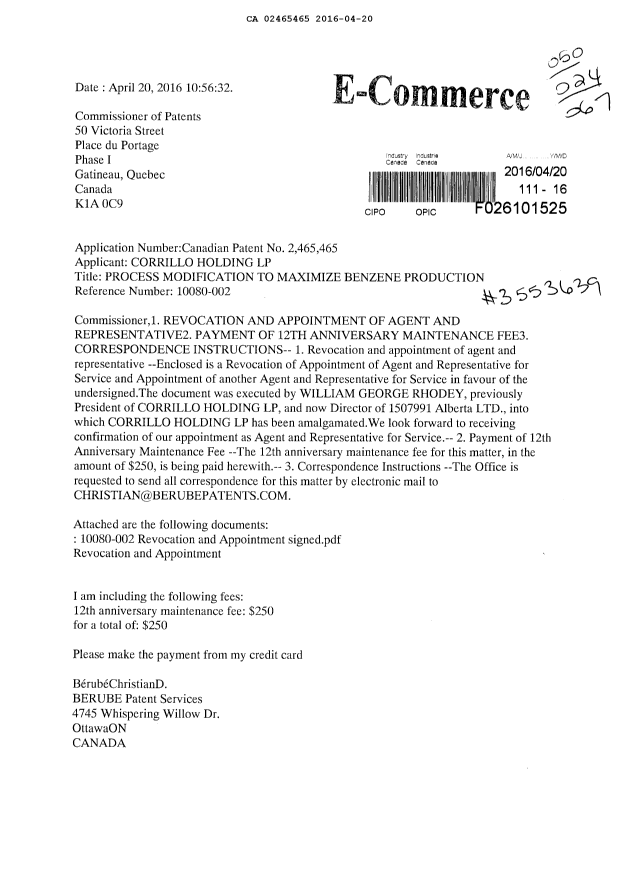 Canadian Patent Document 2465465. Correspondence 20160420. Image 1 of 3