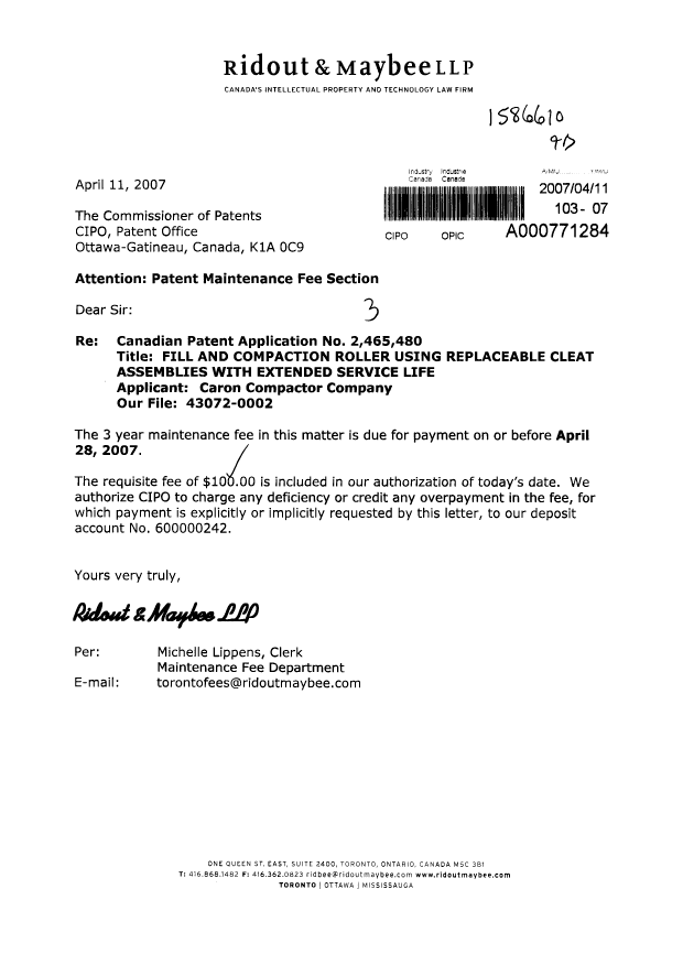 Canadian Patent Document 2465480. Fees 20070411. Image 1 of 1