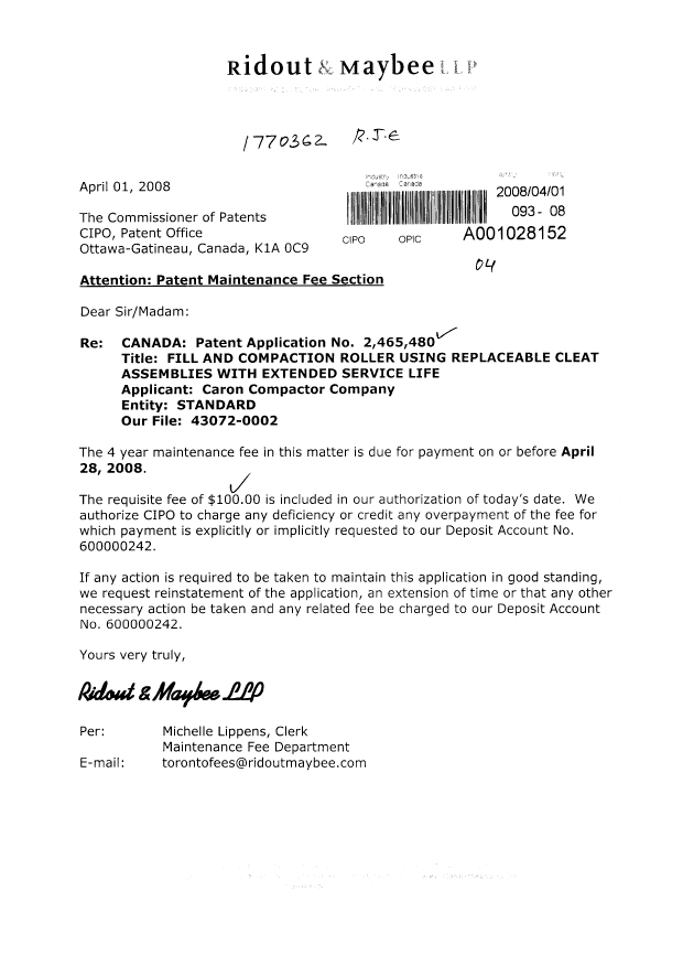 Canadian Patent Document 2465480. Fees 20080401. Image 1 of 1