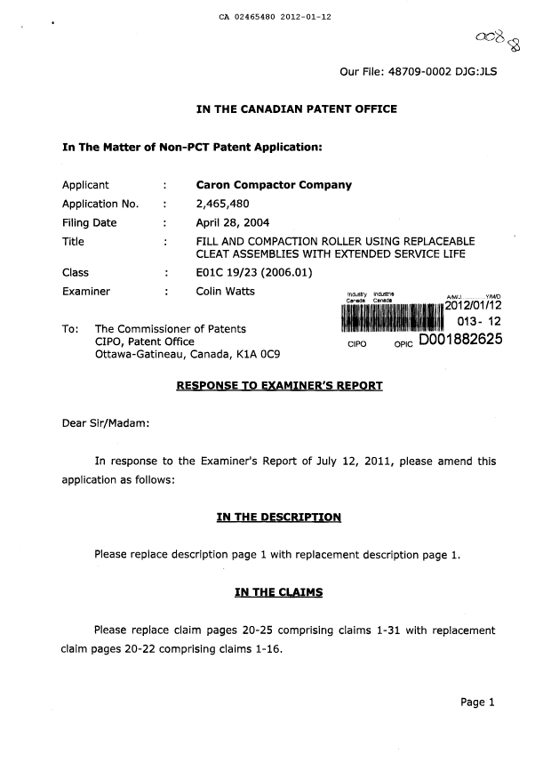 Canadian Patent Document 2465480. Prosecution-Amendment 20120112. Image 1 of 7