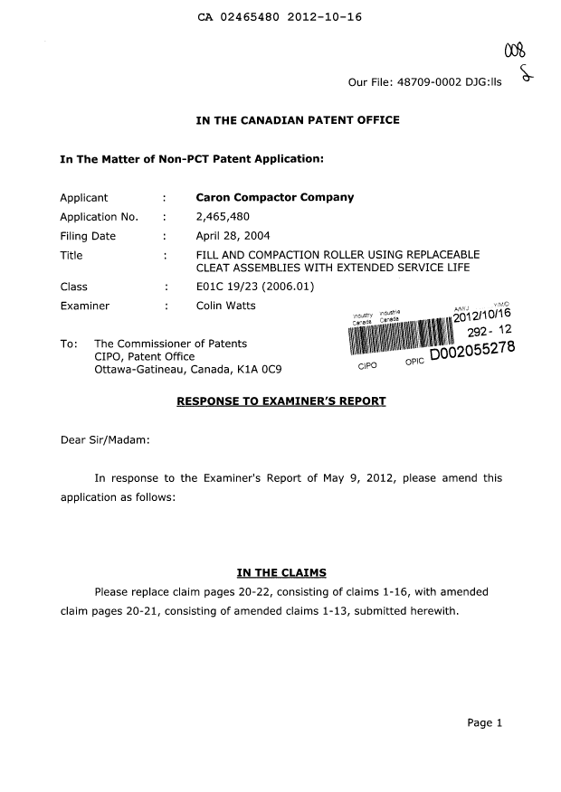 Canadian Patent Document 2465480. Prosecution-Amendment 20121016. Image 1 of 9