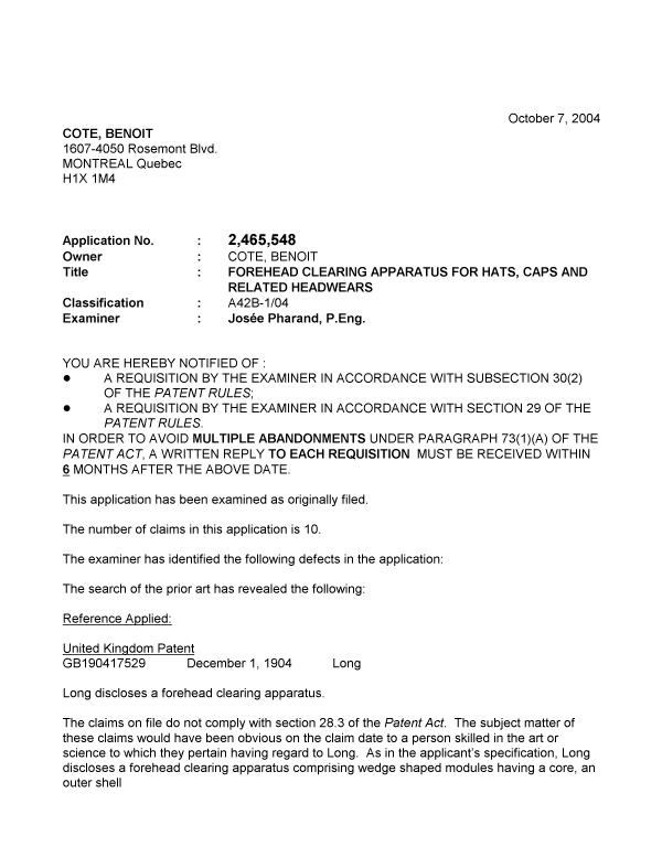Canadian Patent Document 2465548. Prosecution-Amendment 20031207. Image 1 of 3