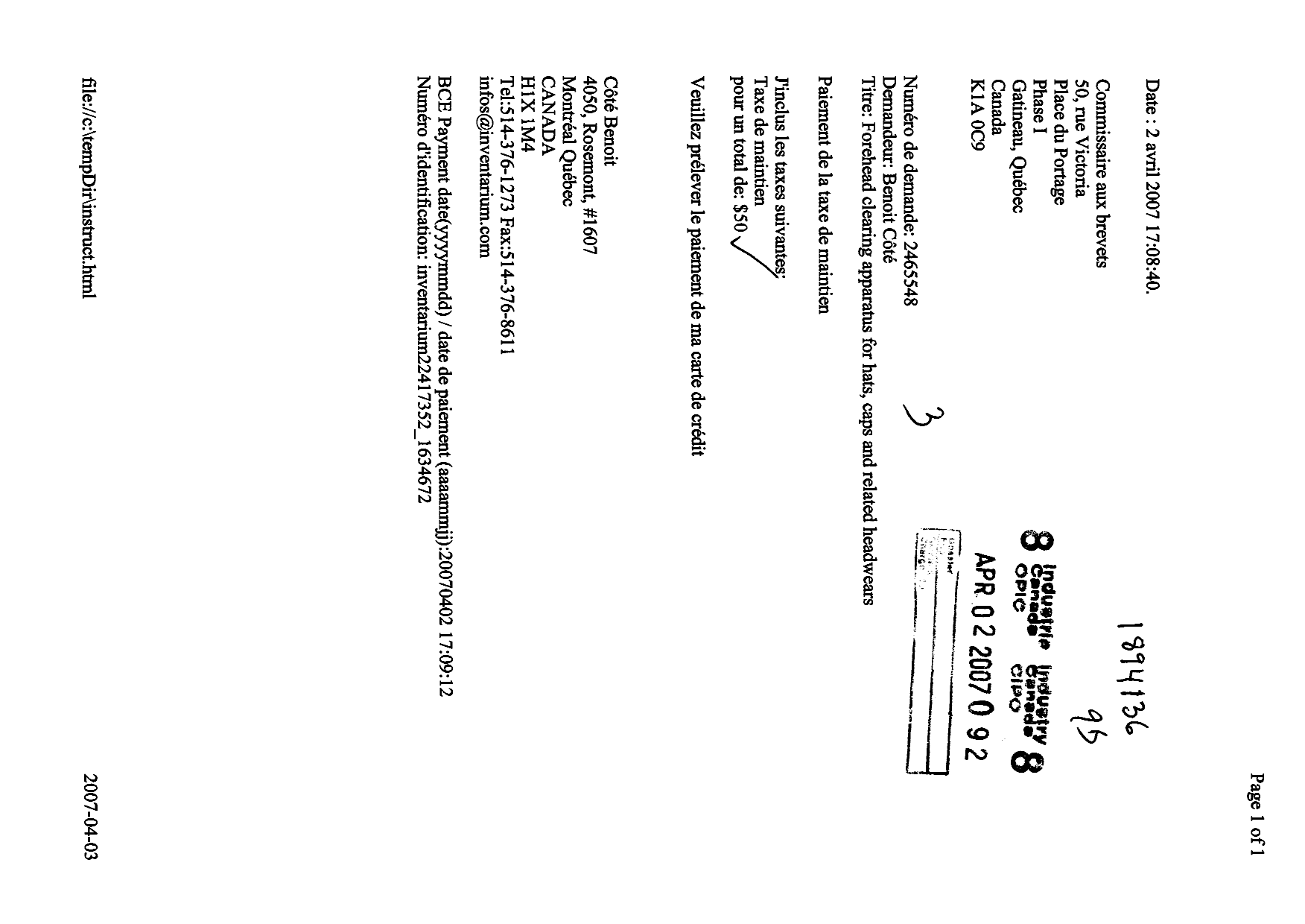 Document de brevet canadien 2465548. Taxes 20070402. Image 1 de 1