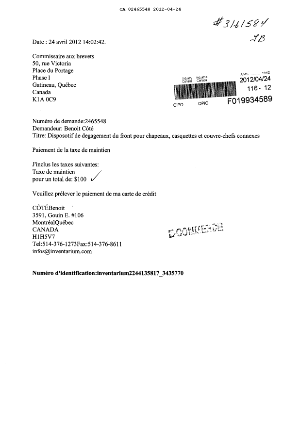 Canadian Patent Document 2465548. Fees 20111224. Image 1 of 1