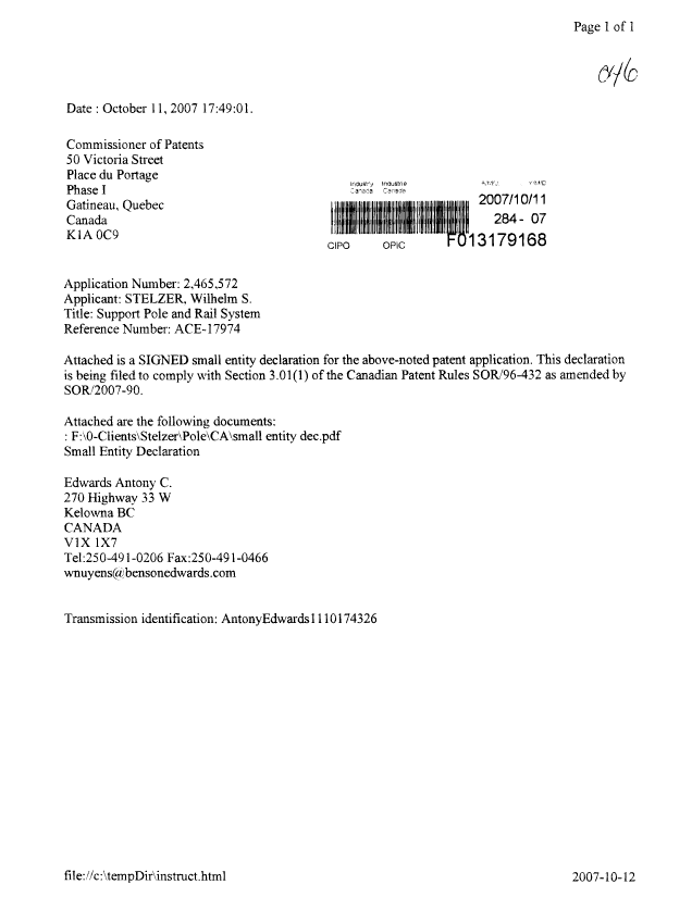 Canadian Patent Document 2465572. Correspondence 20071011. Image 1 of 2