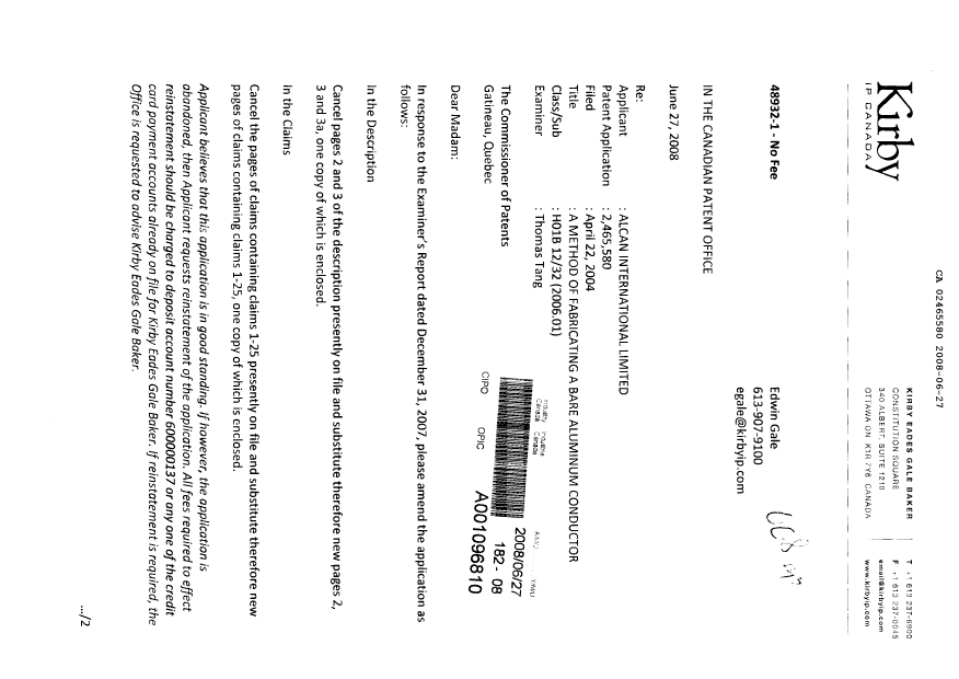 Canadian Patent Document 2465580. Prosecution-Amendment 20080627. Image 1 of 12