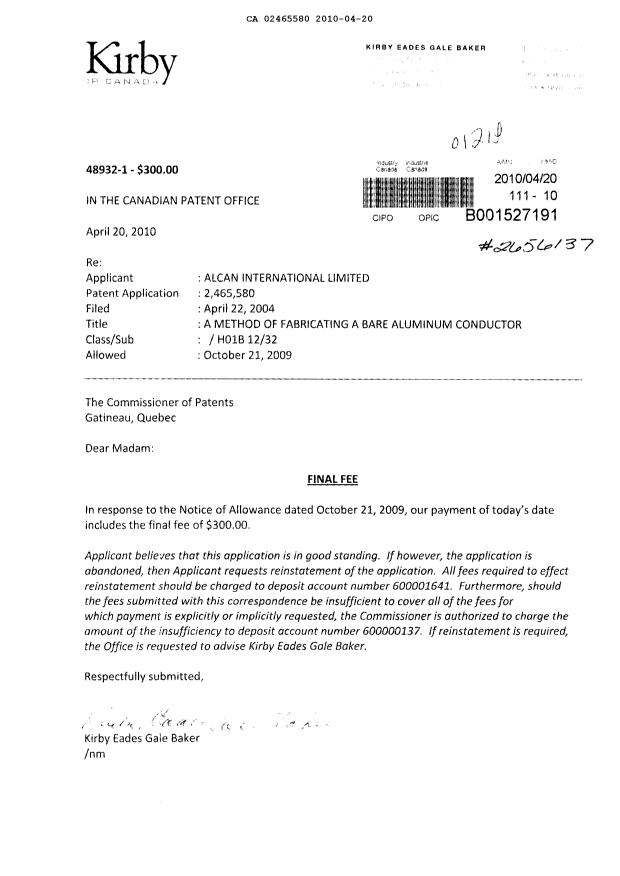 Document de brevet canadien 2465580. Correspondance 20100420. Image 1 de 1