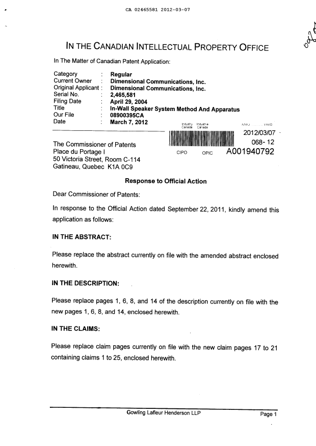 Canadian Patent Document 2465581. Prosecution-Amendment 20120307. Image 1 of 16