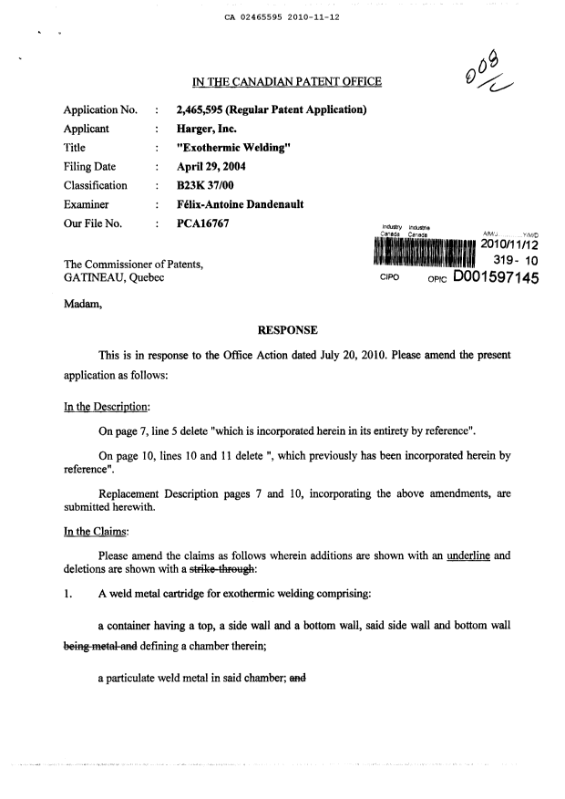 Canadian Patent Document 2465595. Prosecution-Amendment 20101112. Image 1 of 22