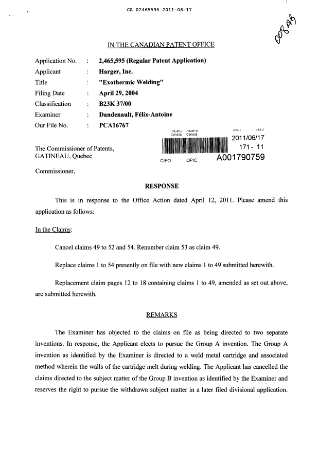 Canadian Patent Document 2465595. Prosecution-Amendment 20110617. Image 1 of 9