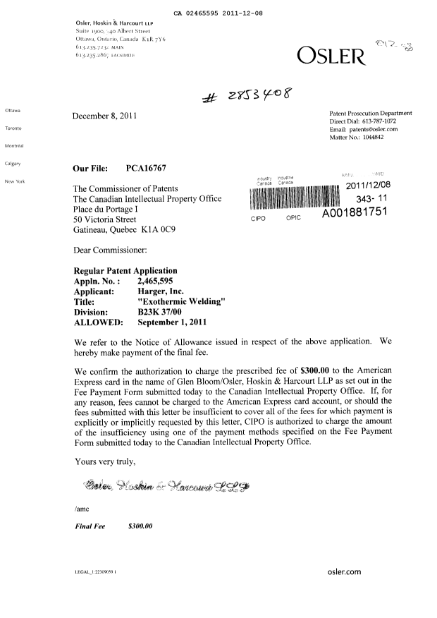 Canadian Patent Document 2465595. Correspondence 20111208. Image 1 of 1