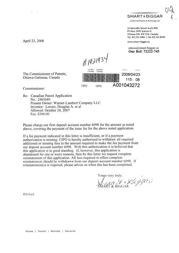 Canadian Patent Document 2465640. Correspondence 20080423. Image 1 of 1