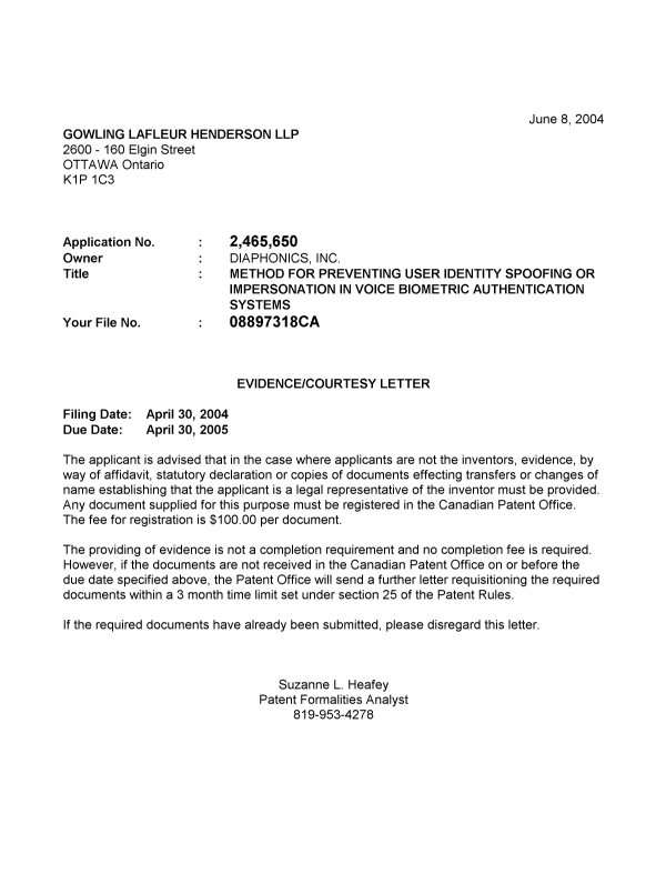 Canadian Patent Document 2465650. Correspondence 20040601. Image 1 of 1