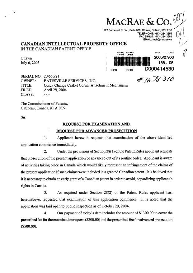 Canadian Patent Document 2465721. Prosecution-Amendment 20050706. Image 1 of 2