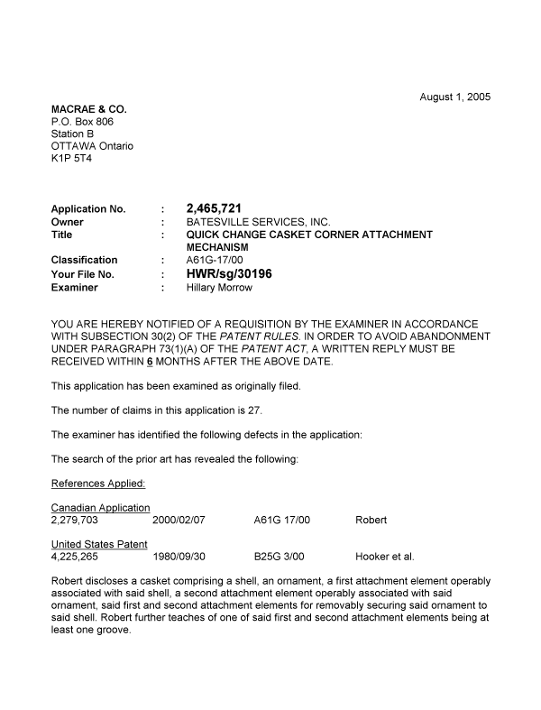 Canadian Patent Document 2465721. Prosecution-Amendment 20050801. Image 1 of 2
