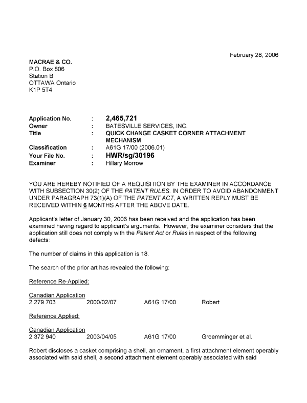 Canadian Patent Document 2465721. Prosecution-Amendment 20060228. Image 1 of 2
