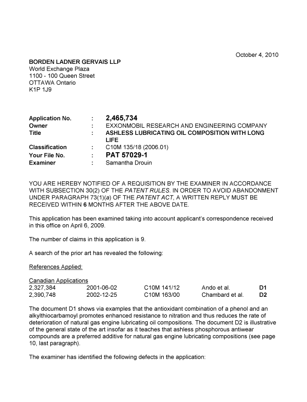 Canadian Patent Document 2465734. Prosecution-Amendment 20101004. Image 1 of 3