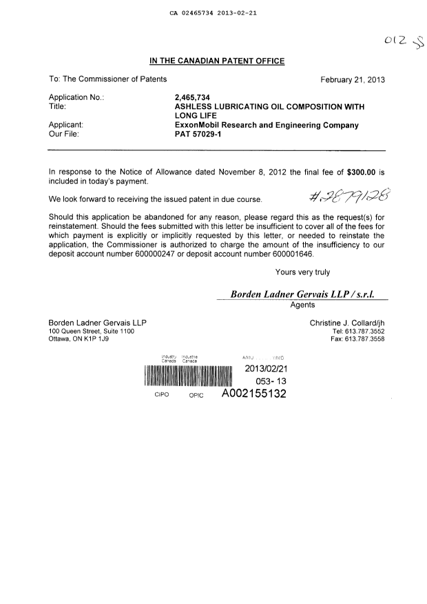 Canadian Patent Document 2465734. Correspondence 20130221. Image 1 of 1