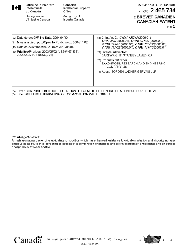 Canadian Patent Document 2465734. Cover Page 20130514. Image 1 of 1