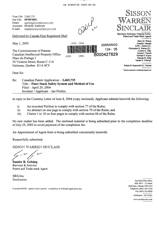Canadian Patent Document 2465735. Correspondence 20050502. Image 1 of 8