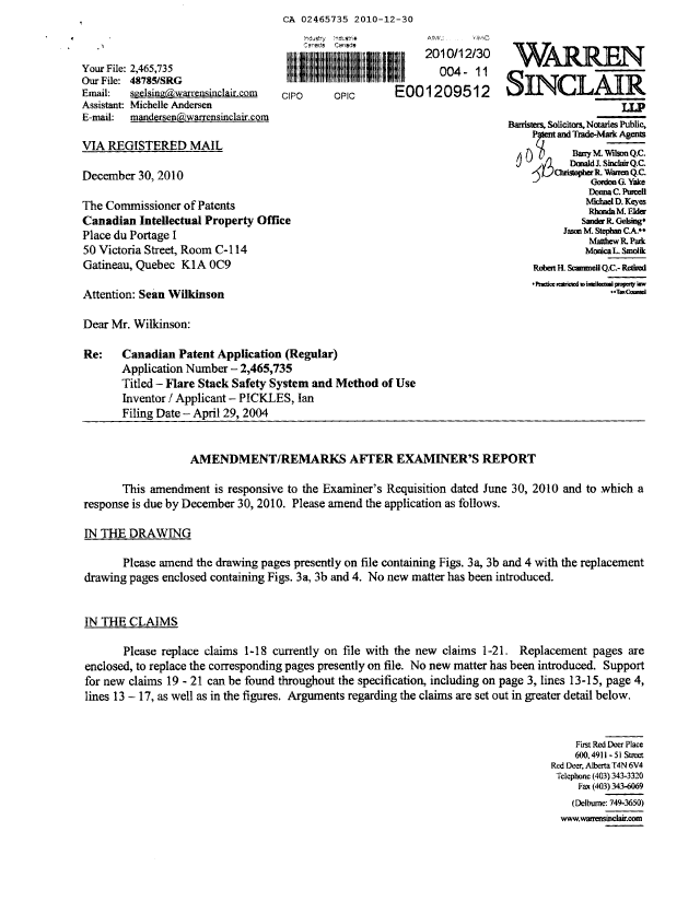 Canadian Patent Document 2465735. Prosecution Correspondence 20101230. Image 1 of 10