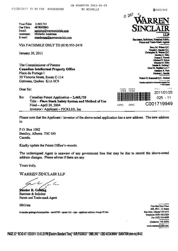 Canadian Patent Document 2465735. Correspondence 20110125. Image 1 of 2