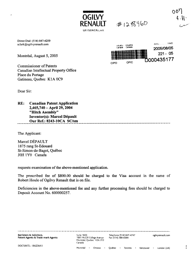 Canadian Patent Document 2465740. Prosecution-Amendment 20050805. Image 1 of 2