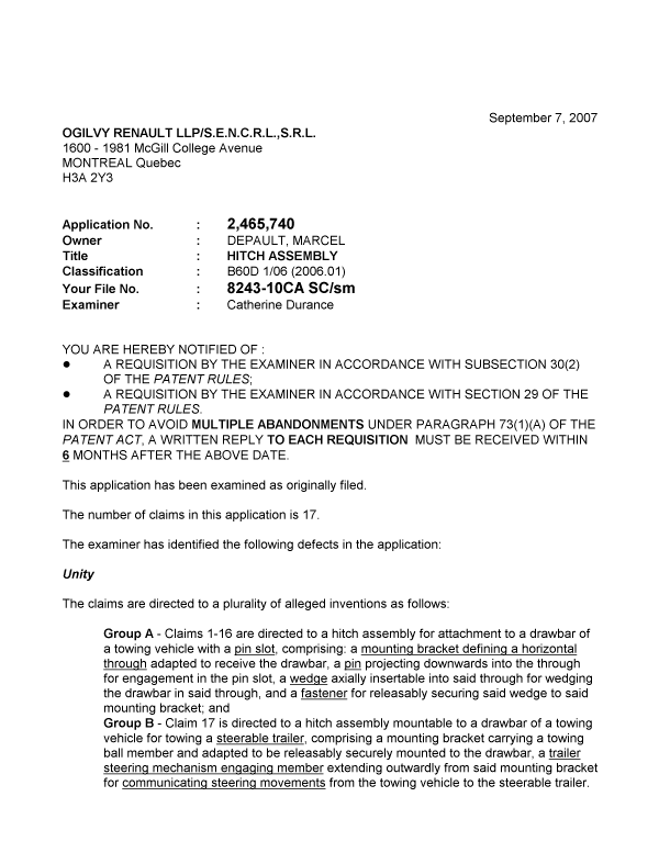 Canadian Patent Document 2465740. Prosecution-Amendment 20070907. Image 1 of 2