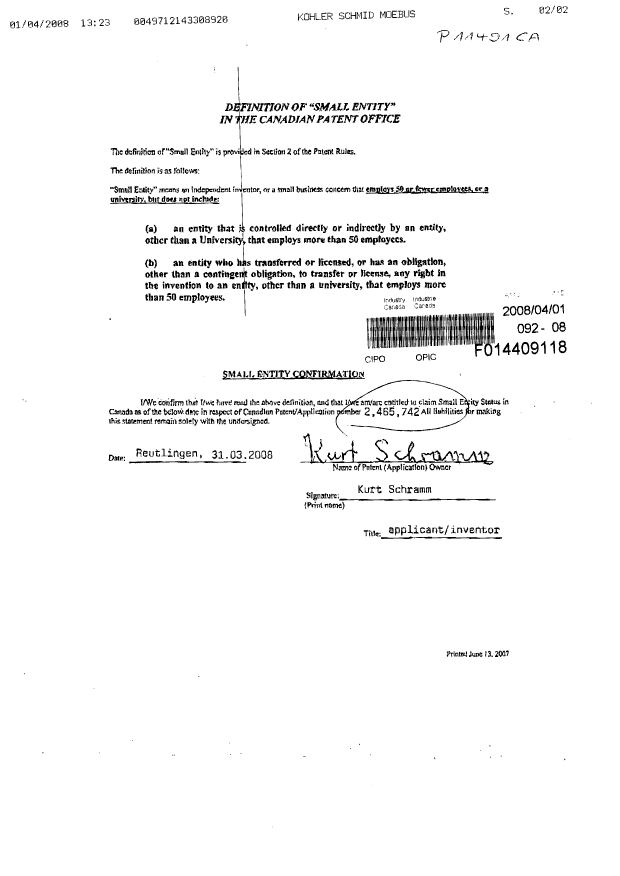 Canadian Patent Document 2465742. Correspondence 20080401. Image 1 of 1