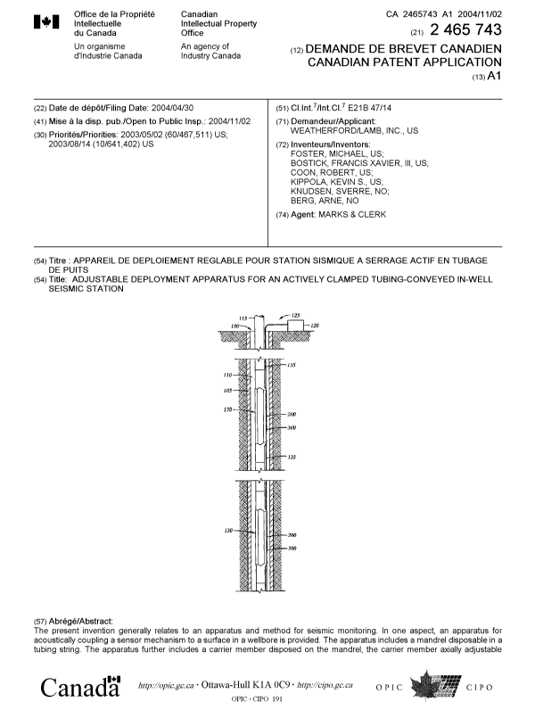 Canadian Patent Document 2465743. Cover Page 20041008. Image 1 of 2