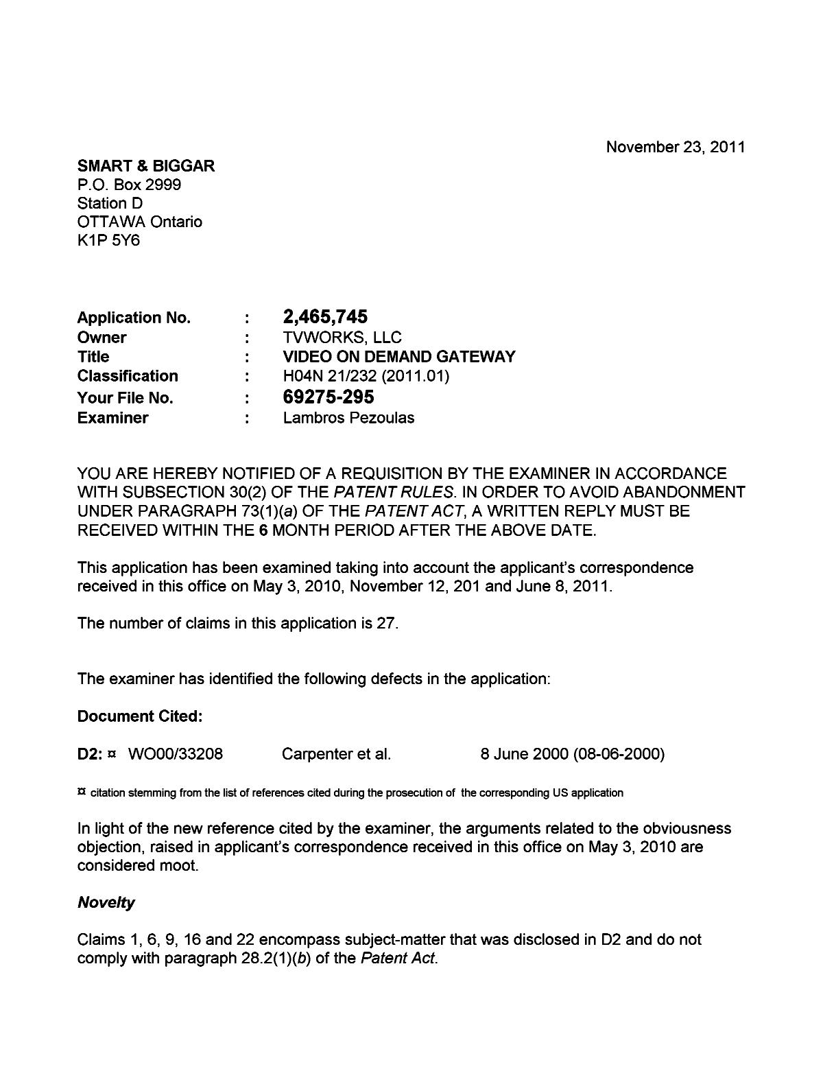 Document de brevet canadien 2465745. Poursuite-Amendment 20111123. Image 1 de 2